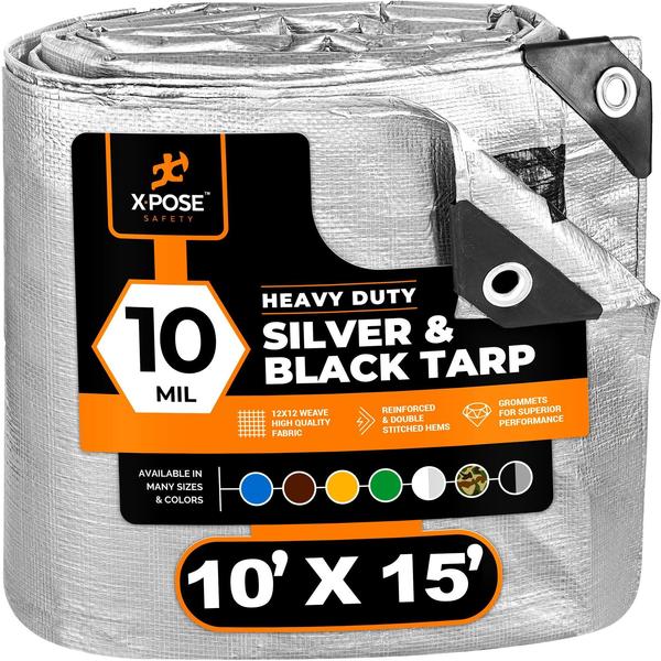 Xpose Safety 10 ft x 15 ft Heavy Duty 10 mil Tarp, Silver/Black, Polyethylene STH-1015-X